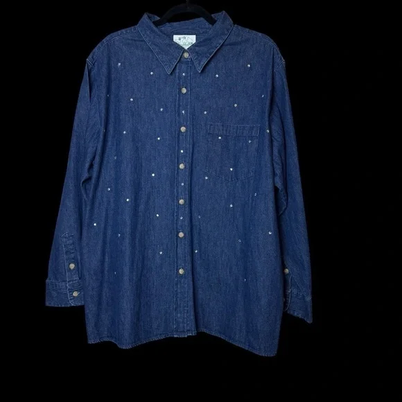 The Quacker Factory Dark Blue Denim Long Sleeve Rhinestone Accent ButtonDown Top - Picture 7 of 11